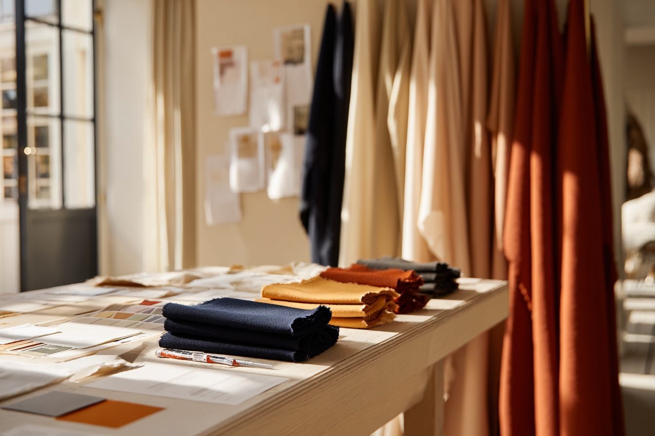 Sunlit TOLOTEX atelier with draped cream silk, folded navy and orange swatches and pattern boards