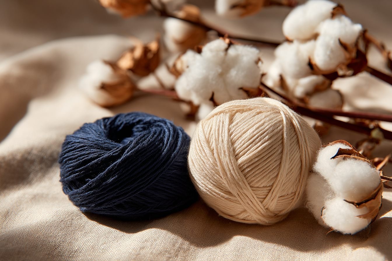 Raw cotton bolls beside ivory and navy cotton yarn balls on cream linen