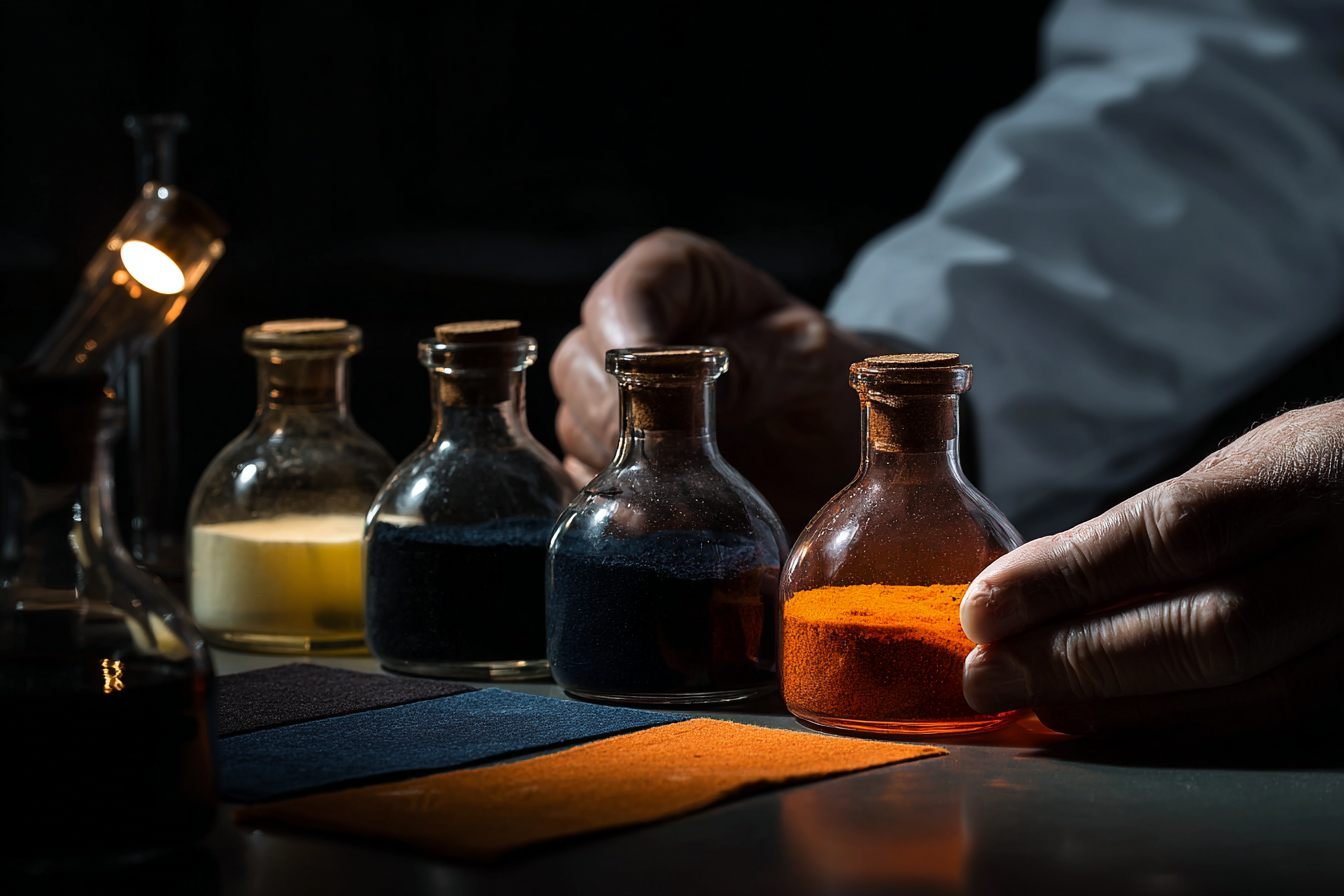 Dye pigment jars in navy, ivory and orange over dyed swatch strips in the colour lab