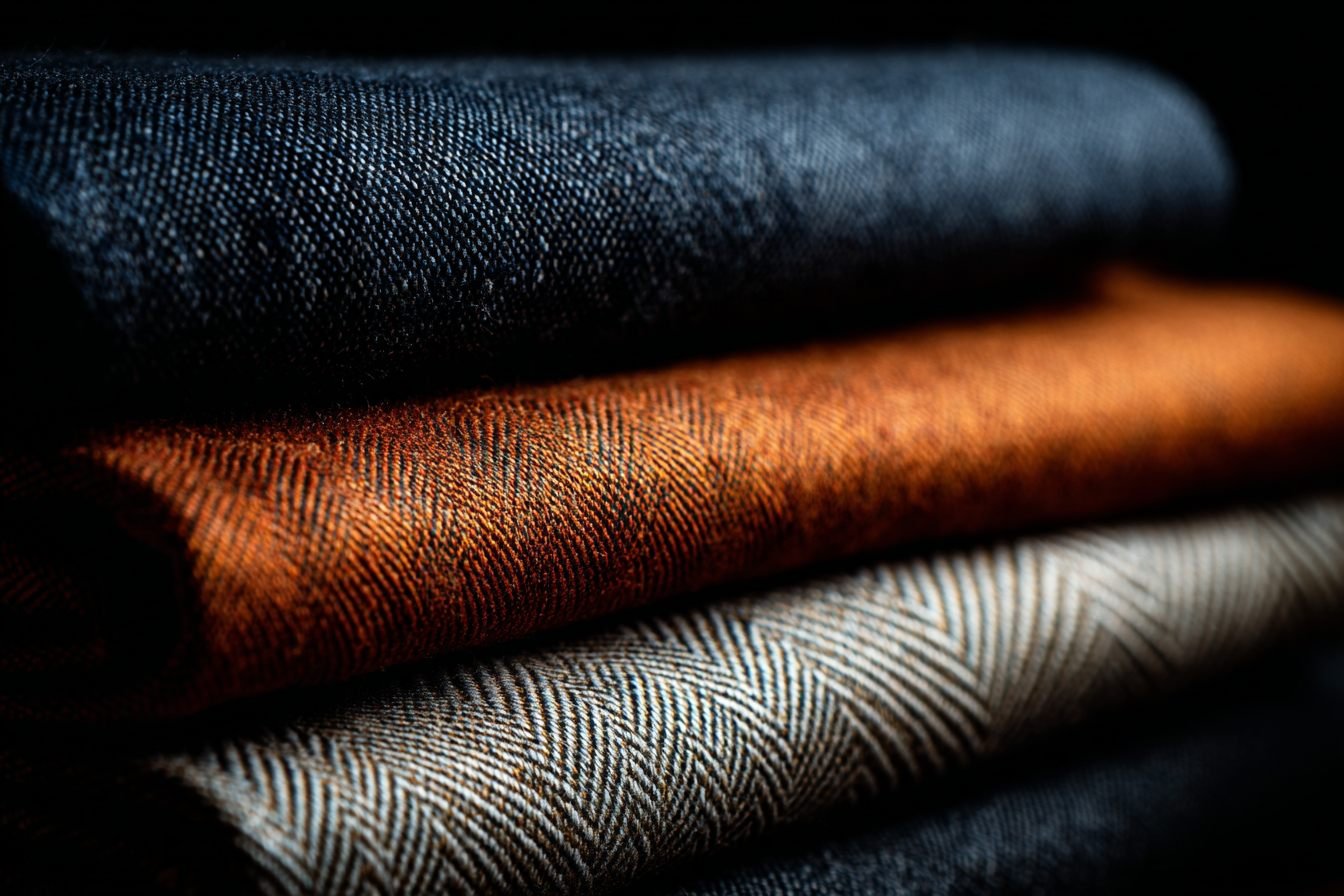 Stacked bolts of navy, orange and ivory woven fabric