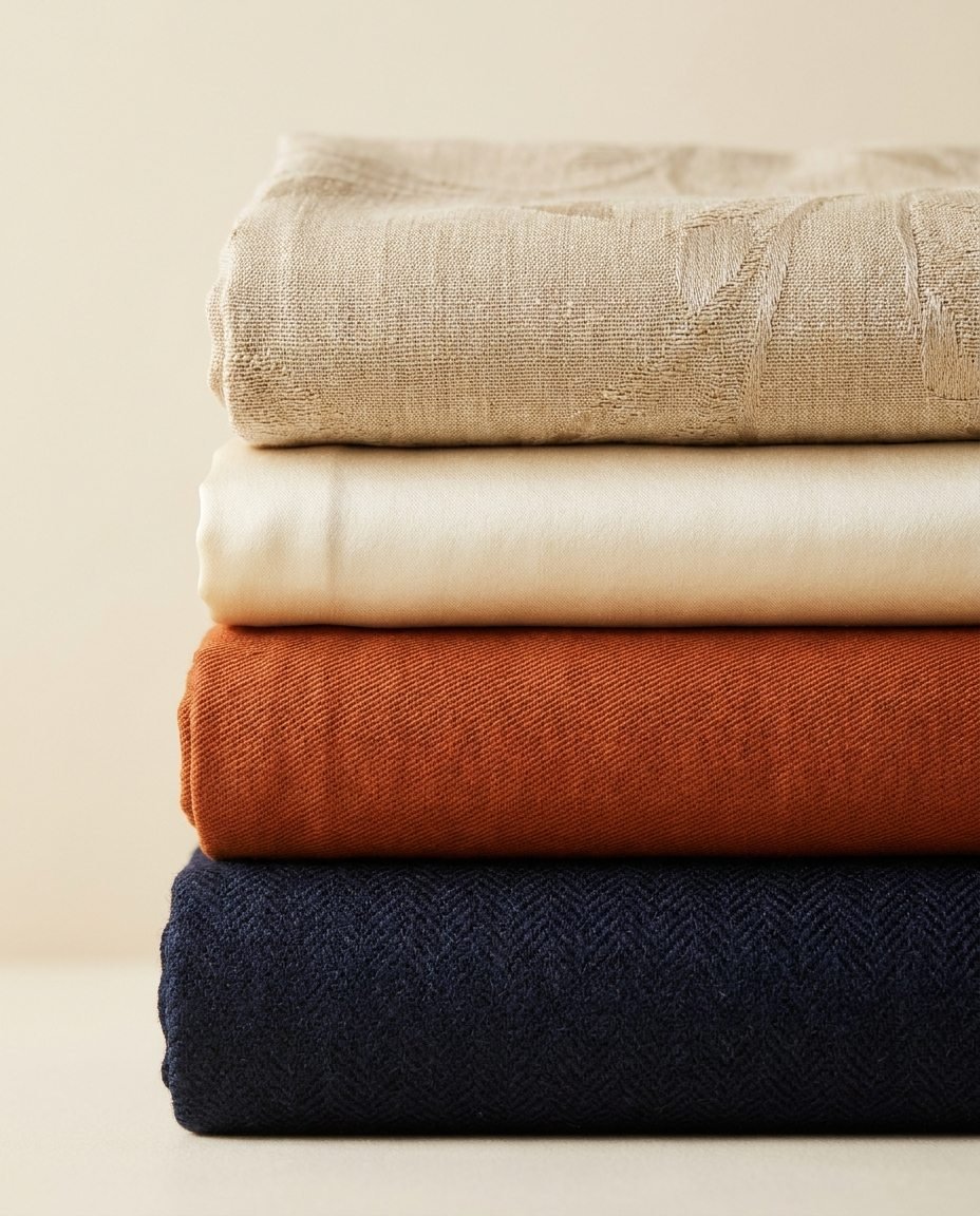Folded bolts of sand jacquard, ivory satin, burnt-orange twill and navy herringbone