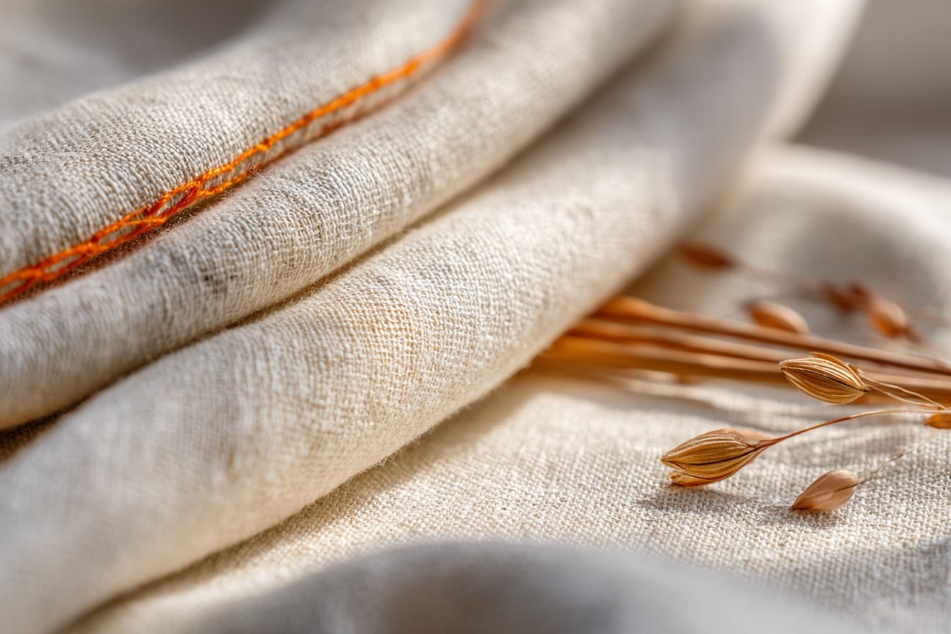 Folded natural linen with slubbed weave, flax seed stems and an orange selvedge thread