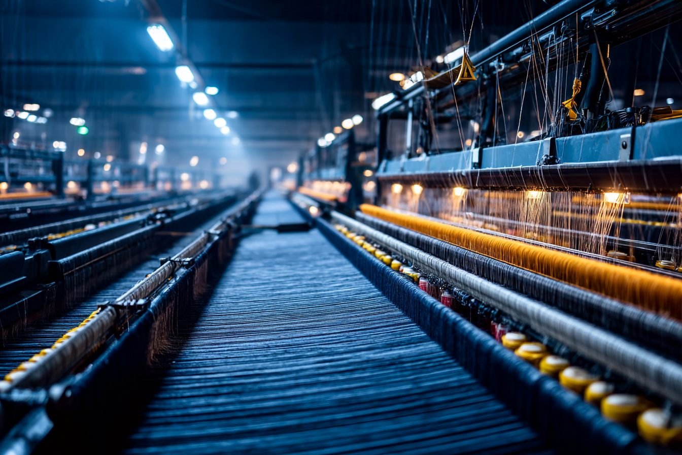 Rows of looms running navy cloth with amber bobbins, receding into the weaving hall