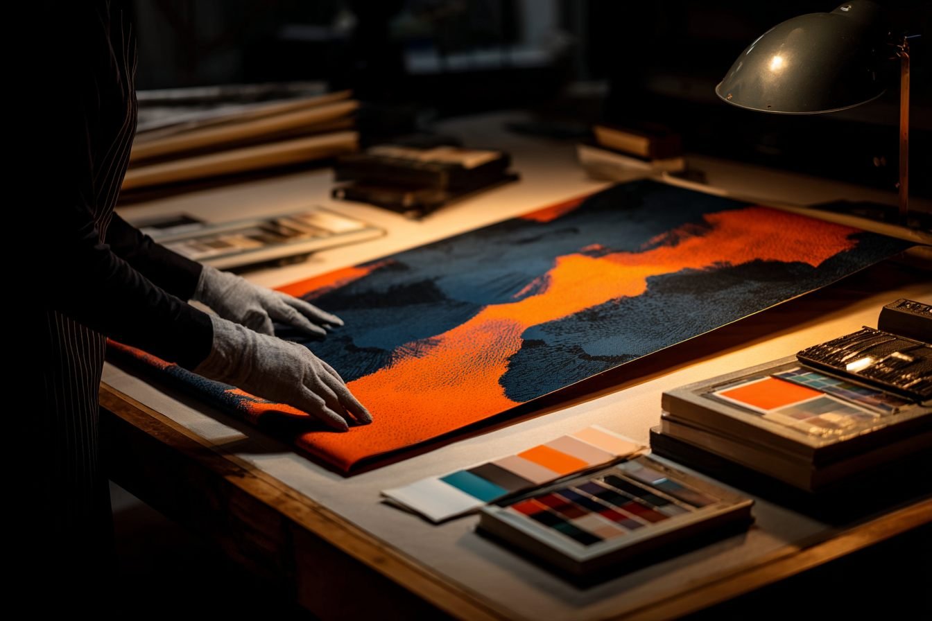 Printed navy and orange silk panel inspected on a sampling table