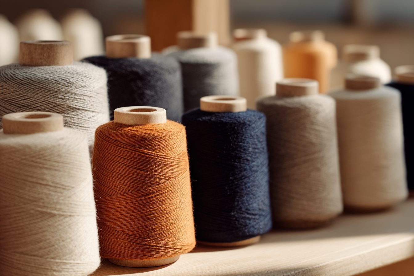 Rows of recycled polyester yarn spools in ivory, navy and one burnt orange