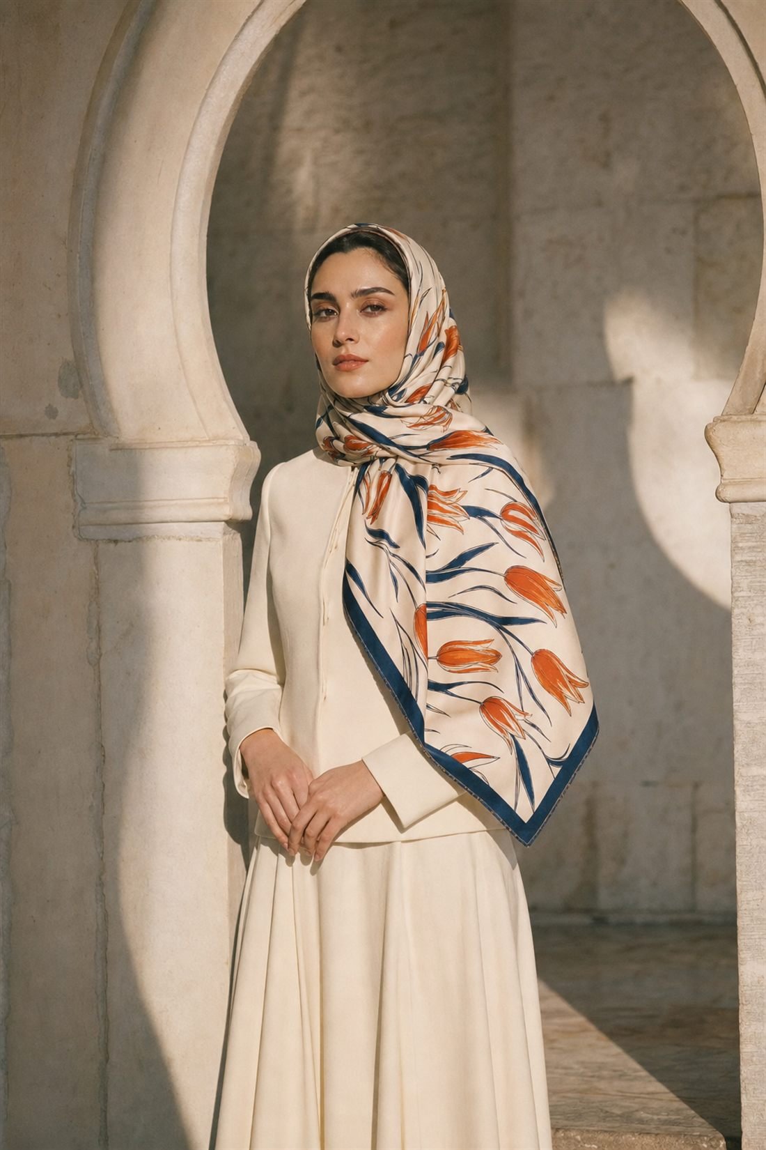 Model in a TOLOTEX silk-twill scarf, navy and burnt-orange botanical print, framed in a pale-stone archway