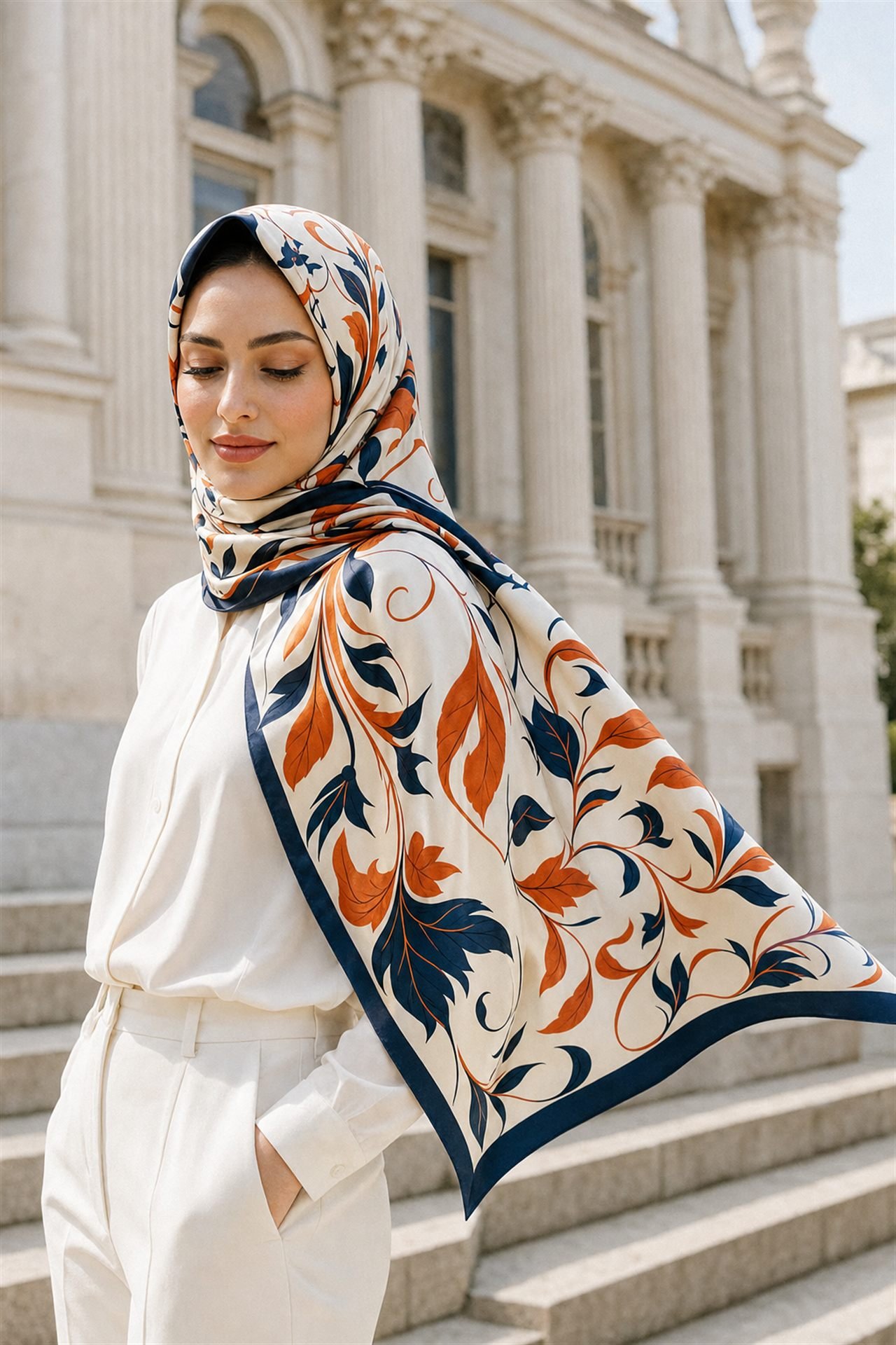 Model in cream tailoring wearing a TOLOTEX printed silk scarf in navy and burnt orange, soft daylight