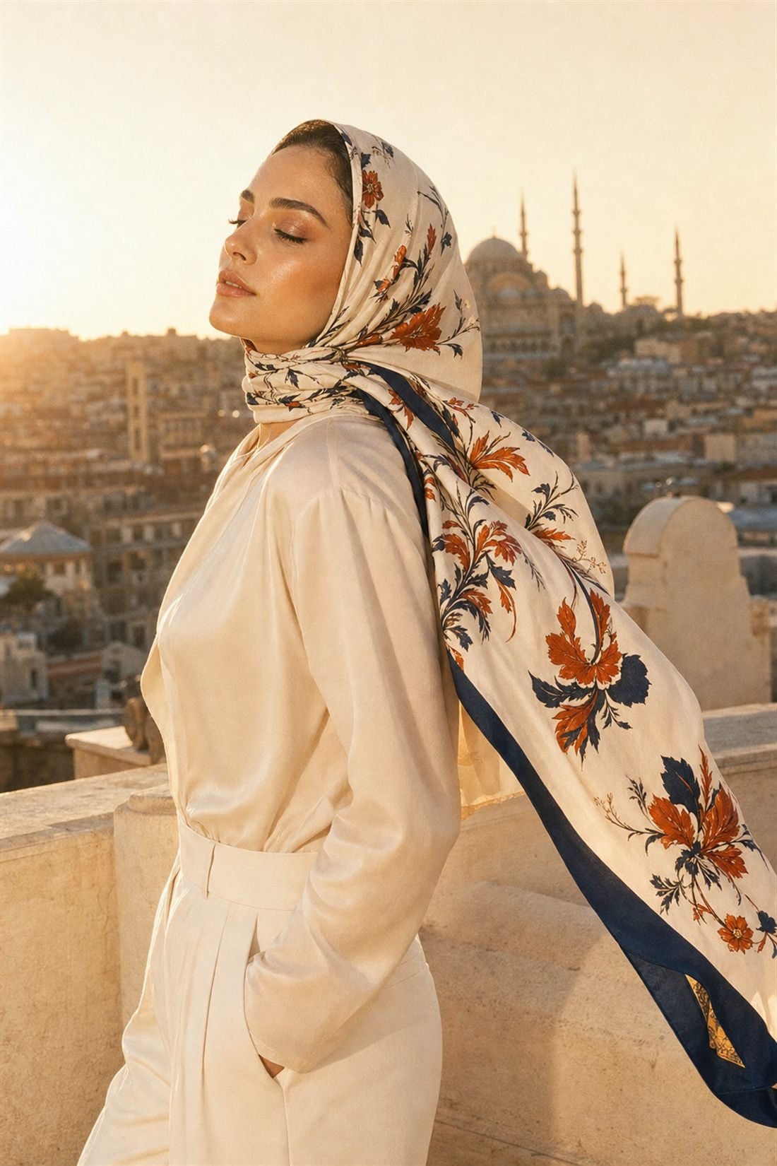 Model in a TOLOTEX printed silk scarf at golden hour, an old-city skyline behind her