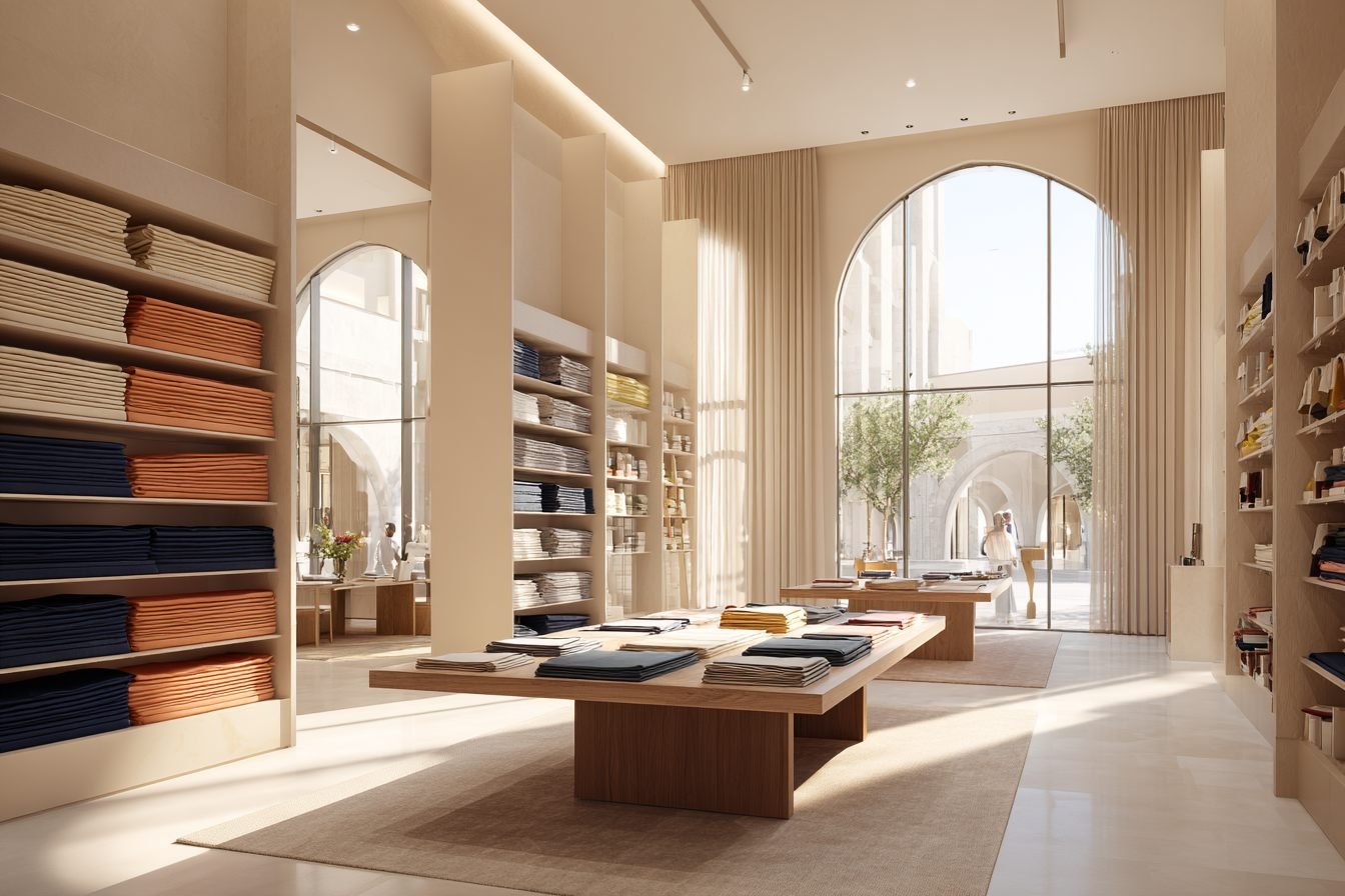 Bright TOLOTEX showroom with arched windows and shelves of navy, orange and ivory fabric bolts